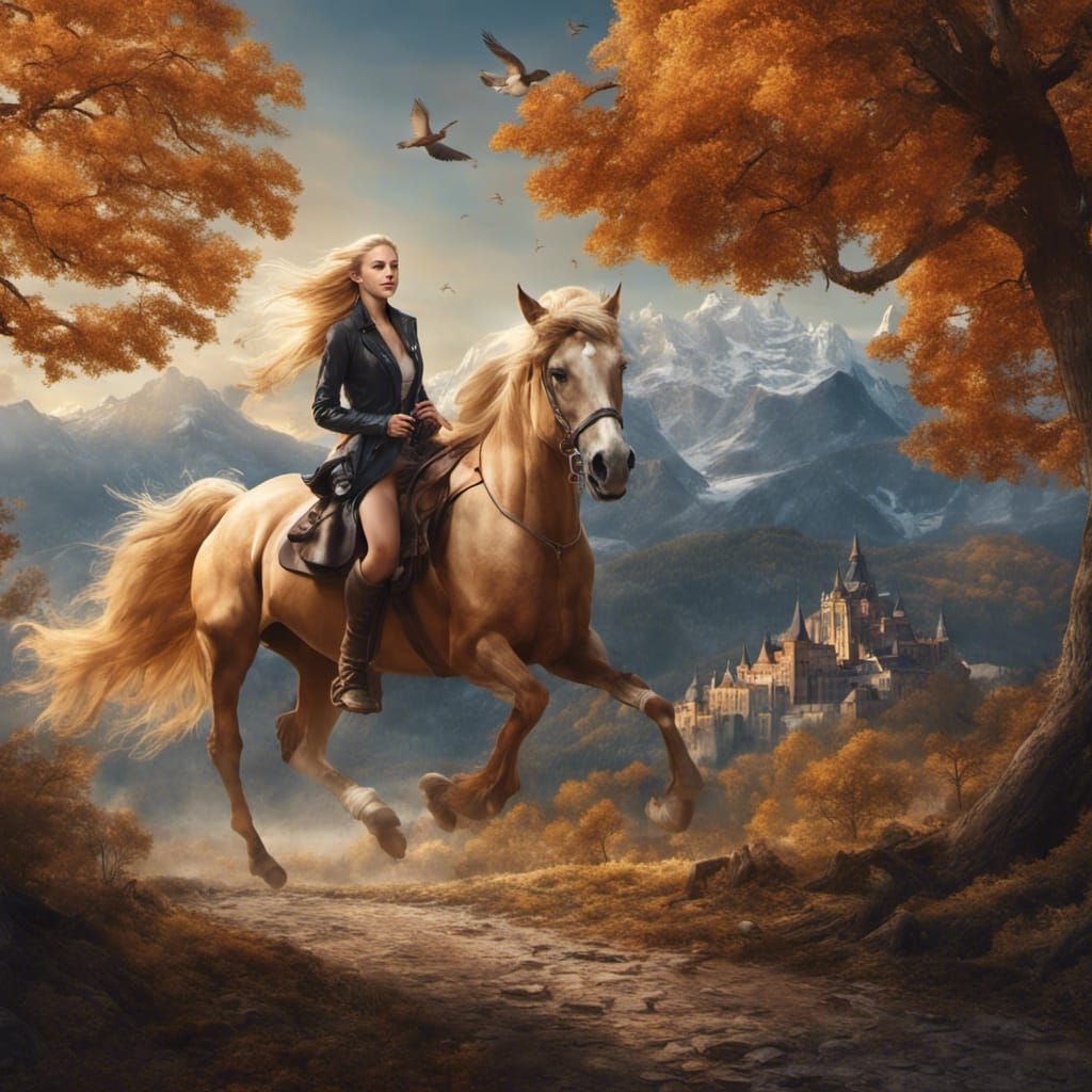 Woman on Horseback Galloping to Mountain Monastery