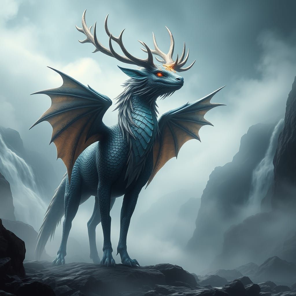 Majestic Dragon-Stag-Bird Hybrid in Ethereal Valley
