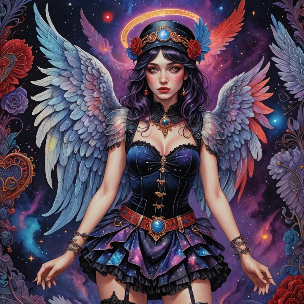 Cosmic Woman with Angel Wings in Mixed Media Style