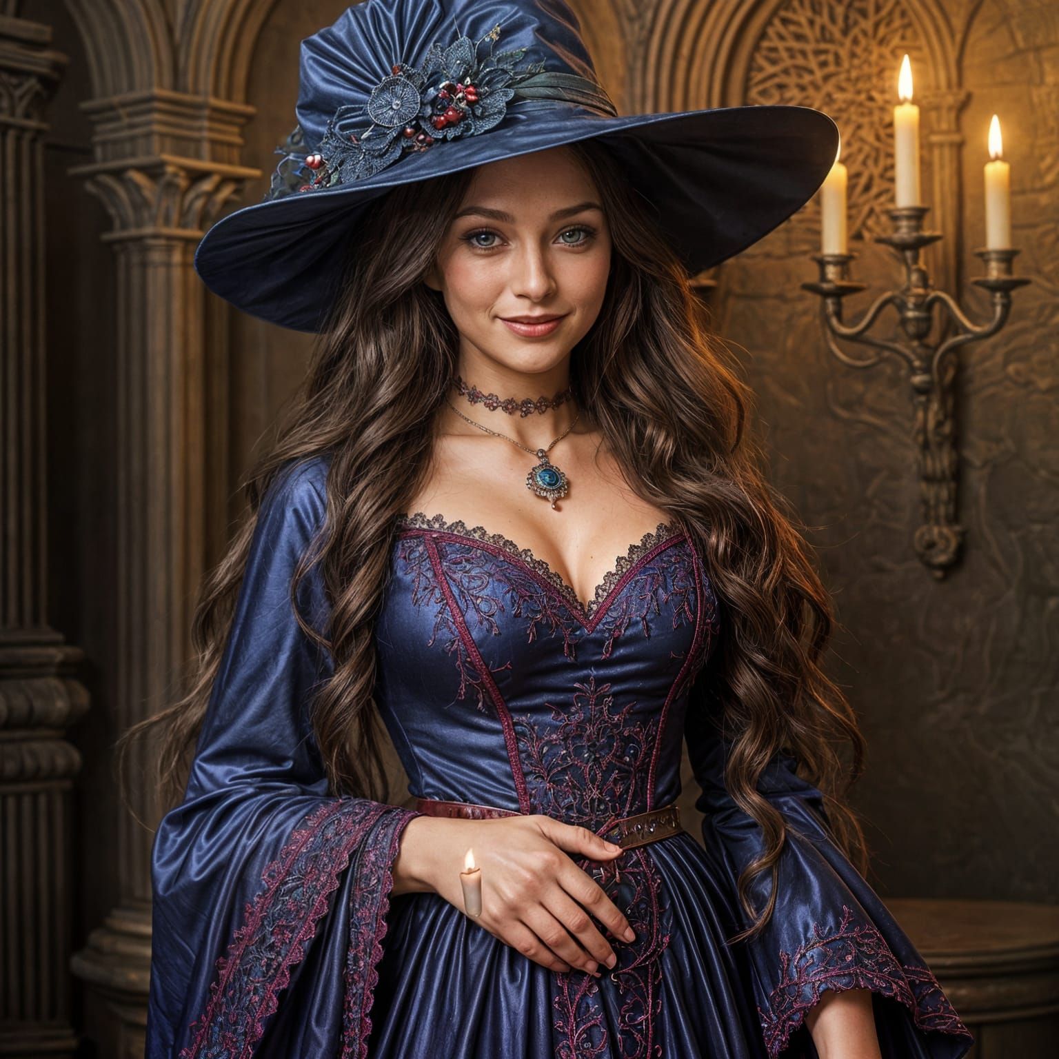 Beautiful Witch in Red Dress in Medieval Setting