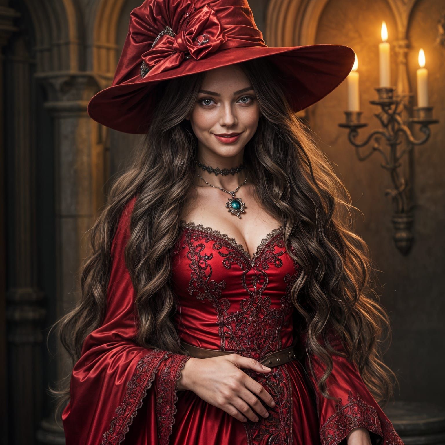 Enchanting Medieval Witch in Shimmering Red Attire