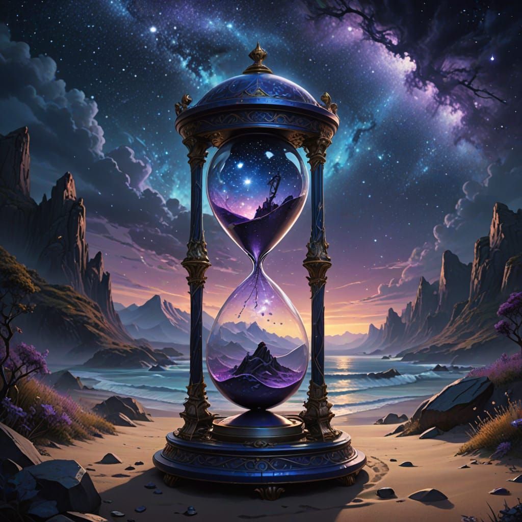 Ethereal Night Sky with Ancient Hourglass and Majestic Athen...