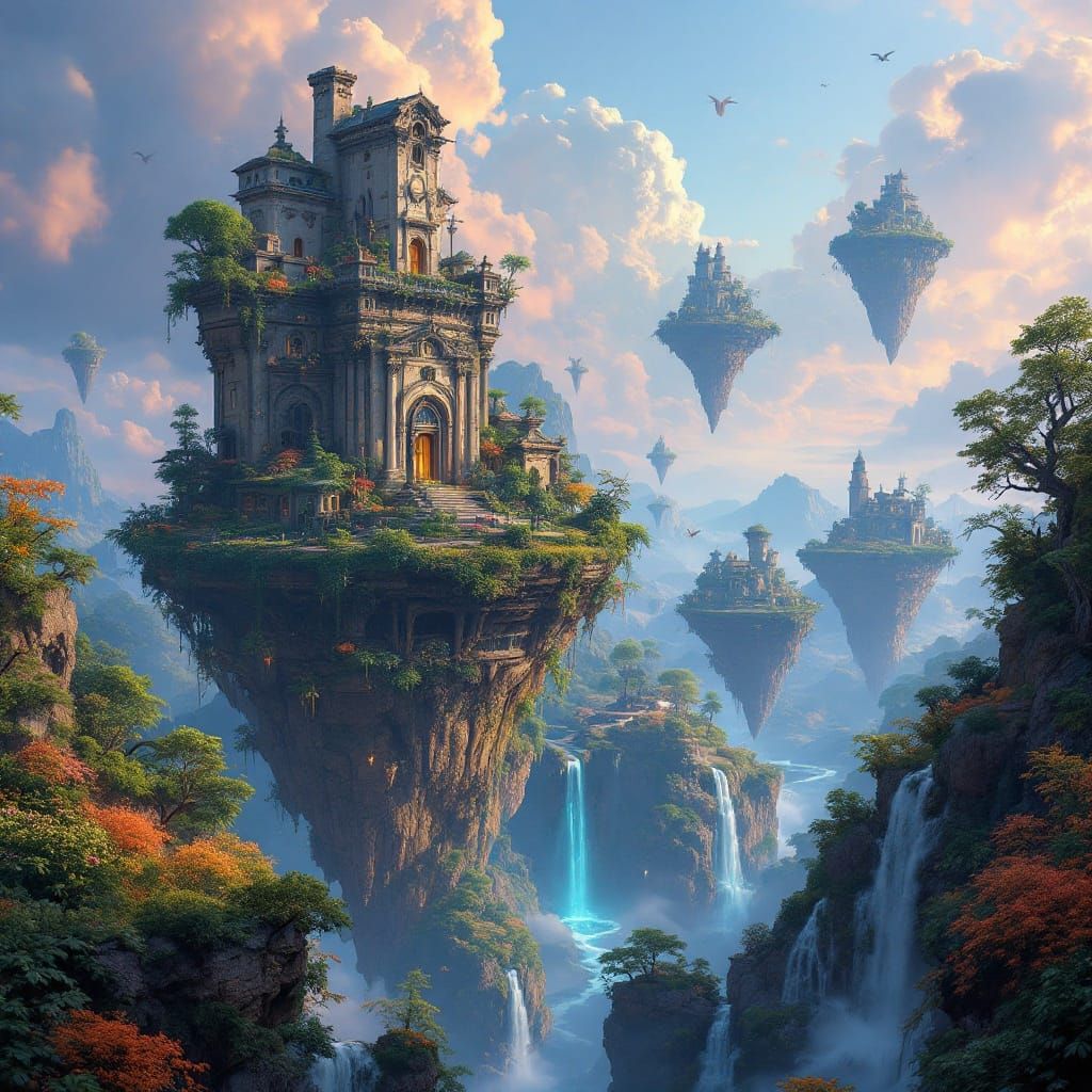 Ethereal Fantasy Realm with Floating Islands and Glowing Wat...