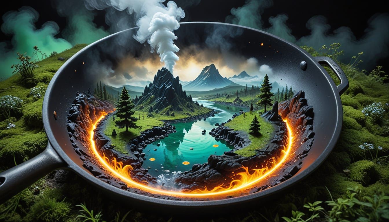 Miniature Landscape in Frying Pan on Lava Lake
