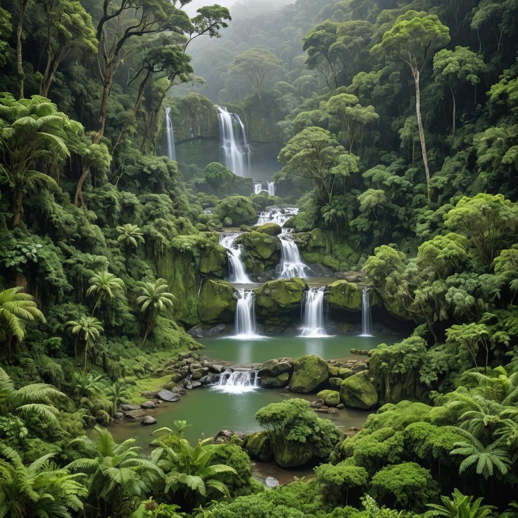Lush Highland Waterfall in Misty Brazilian Rainforest
