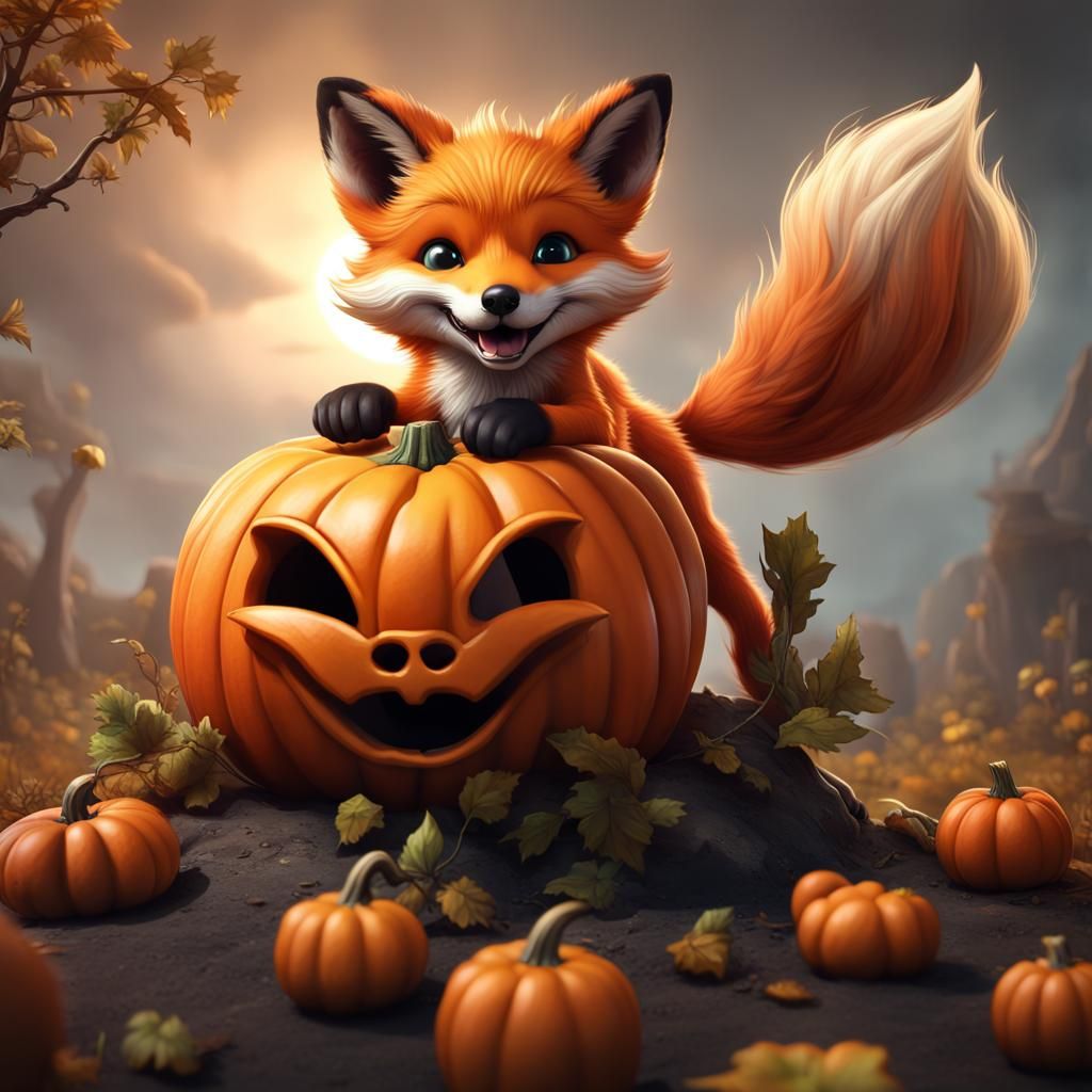 Fox Pup's Pumpkin Patch Adventure: Detailed Digital Painting
