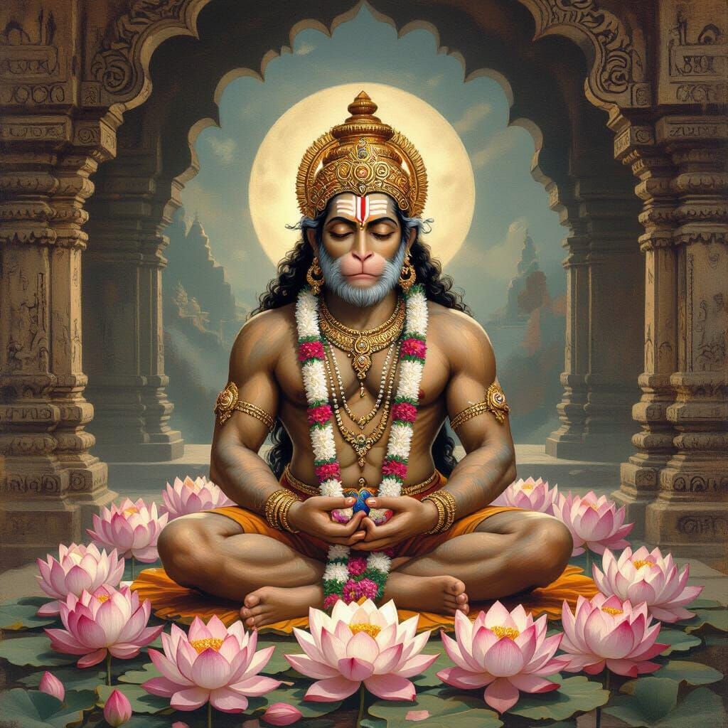 Serene Lord Hanuman Meditating Amidst Lotus Flowers