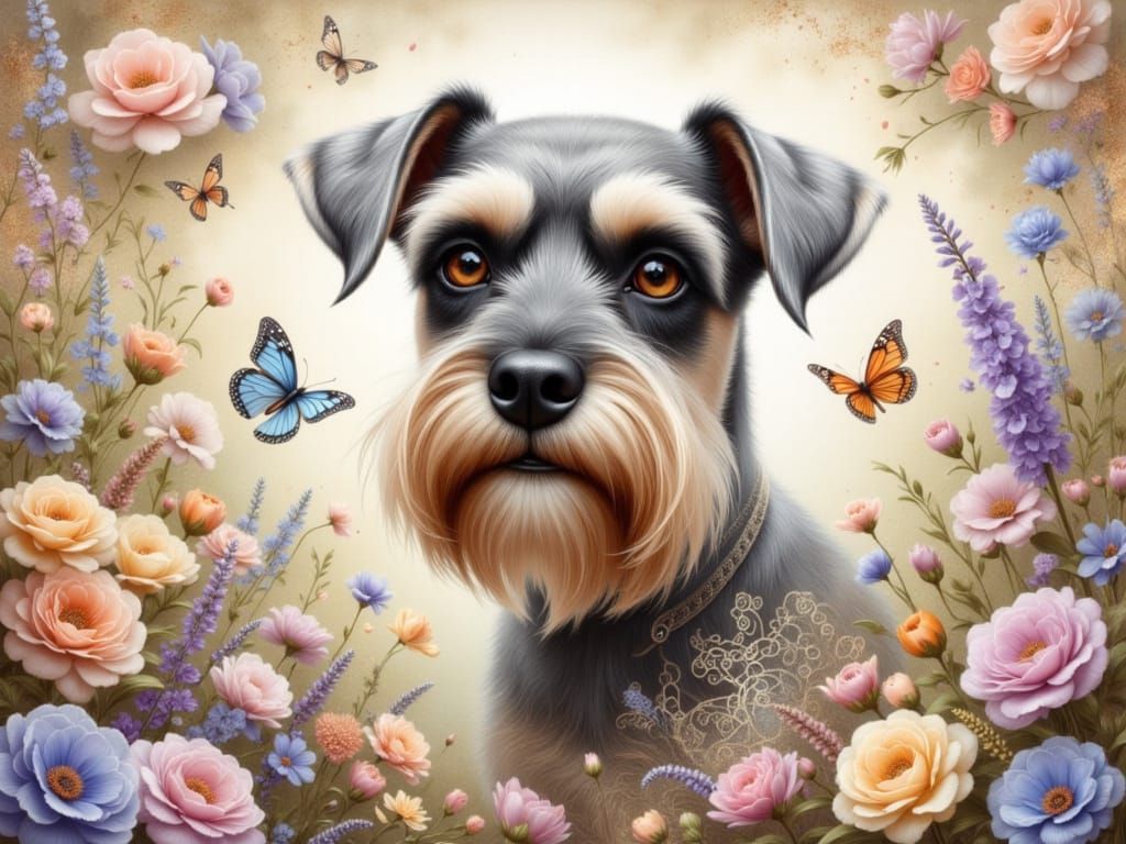 Miniature Schnauzer Portrait in Copper Lace Style