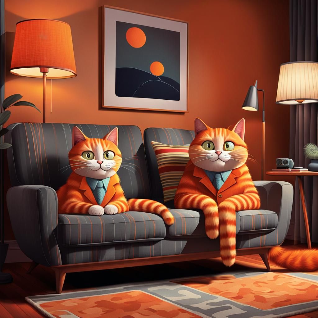 Cartoon Cats in Cozy Room, Animated Style