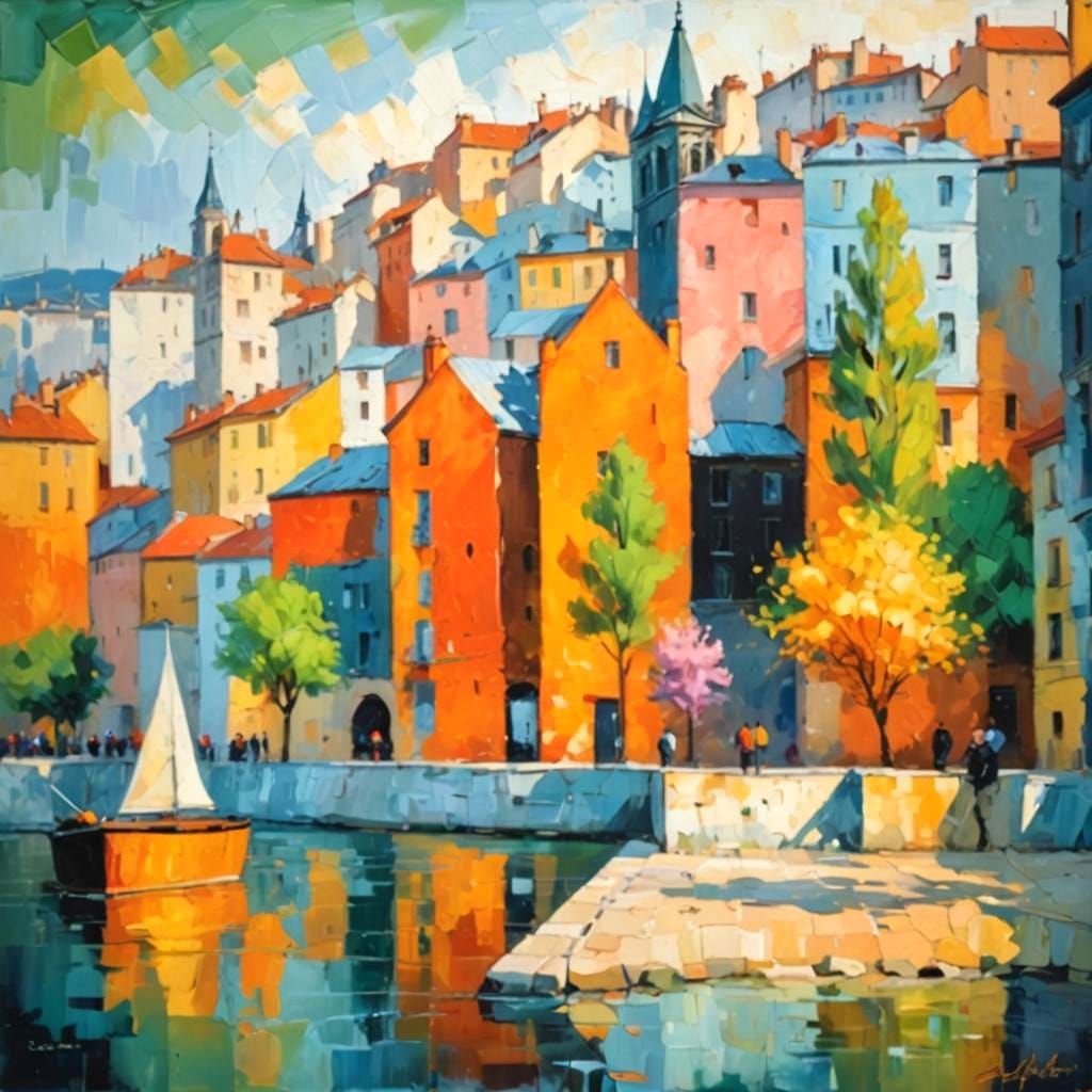 LYON FRANCE  Street by the RIVER  SAONE. Drawing with dried ...