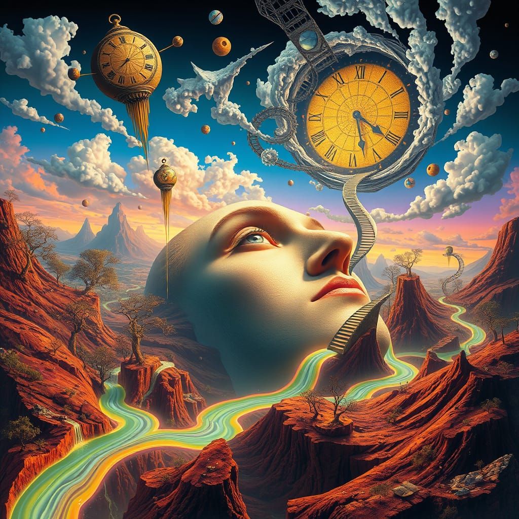 Surreal Dreamscape with Melting Face and Dripping Clocks
