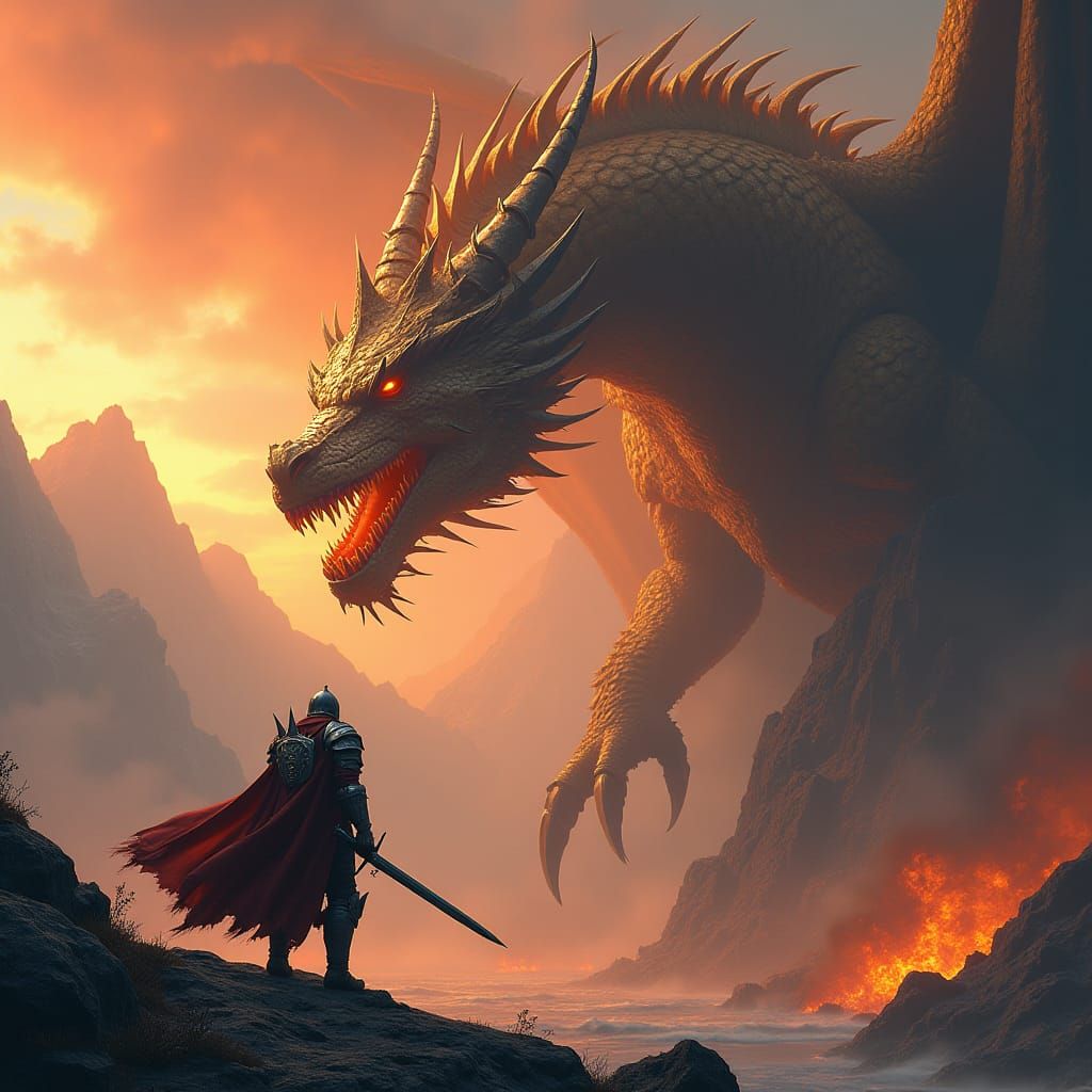 Knight's Stand: Dragon Confrontation in Hyper-Realistic Deta...