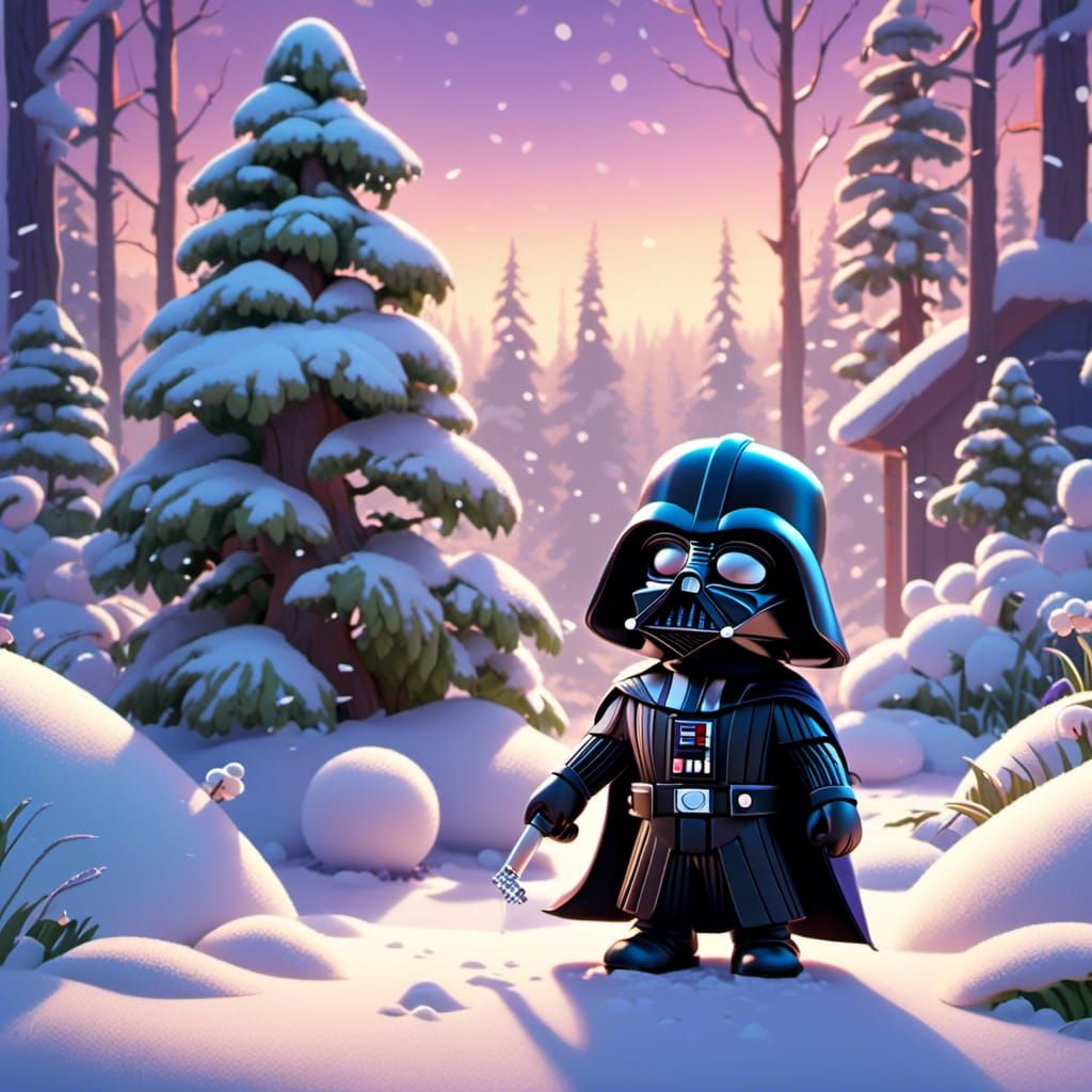 Chibi Darth Vader in Snow, Pixar-style 3D Art