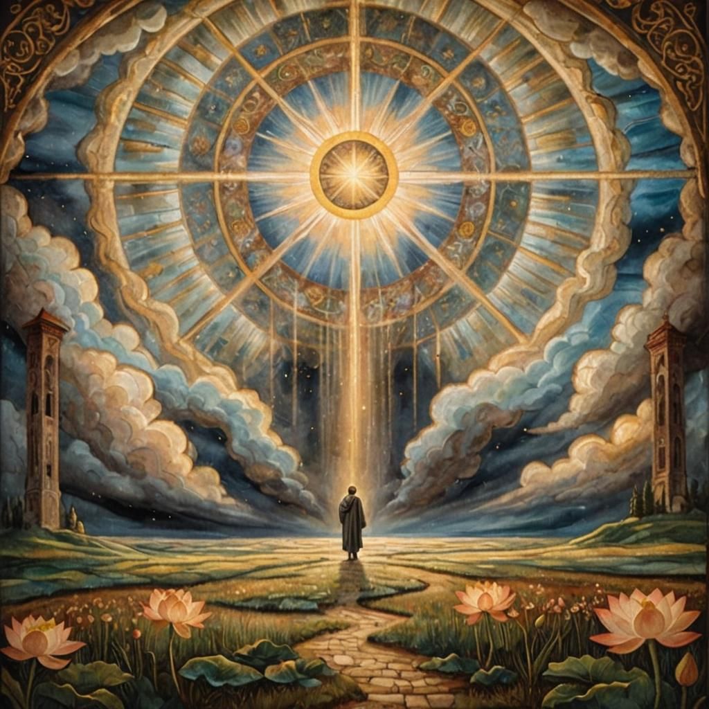 Ethereal Man Under Heavenly Light in Fresco Style