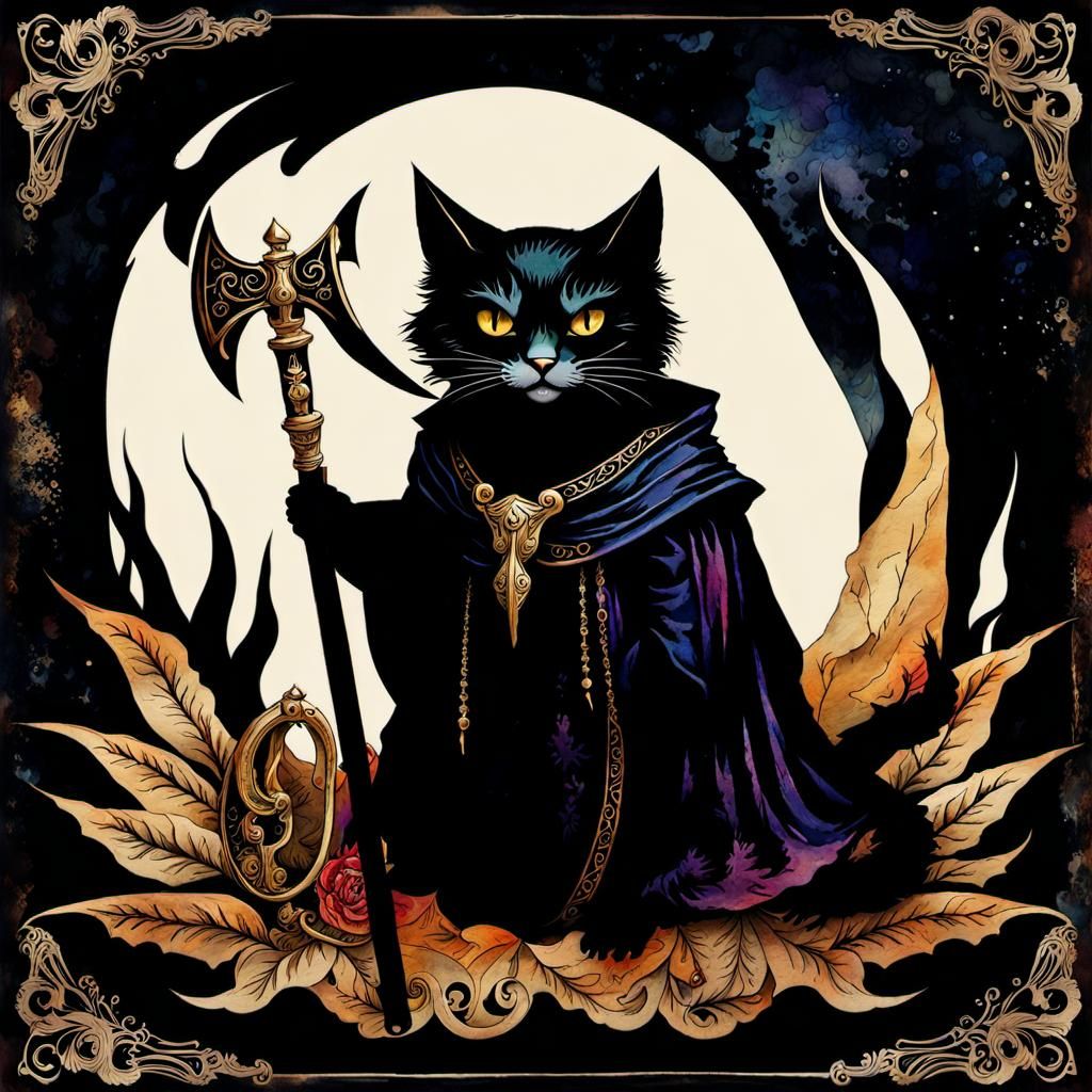 Grim Reaper Cat in Vintage Watercolor Style