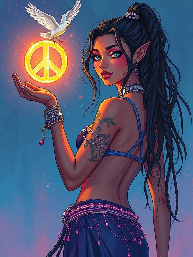 Enchanted Cybernetic Belly Dancer with Peace Symbol in Manga...