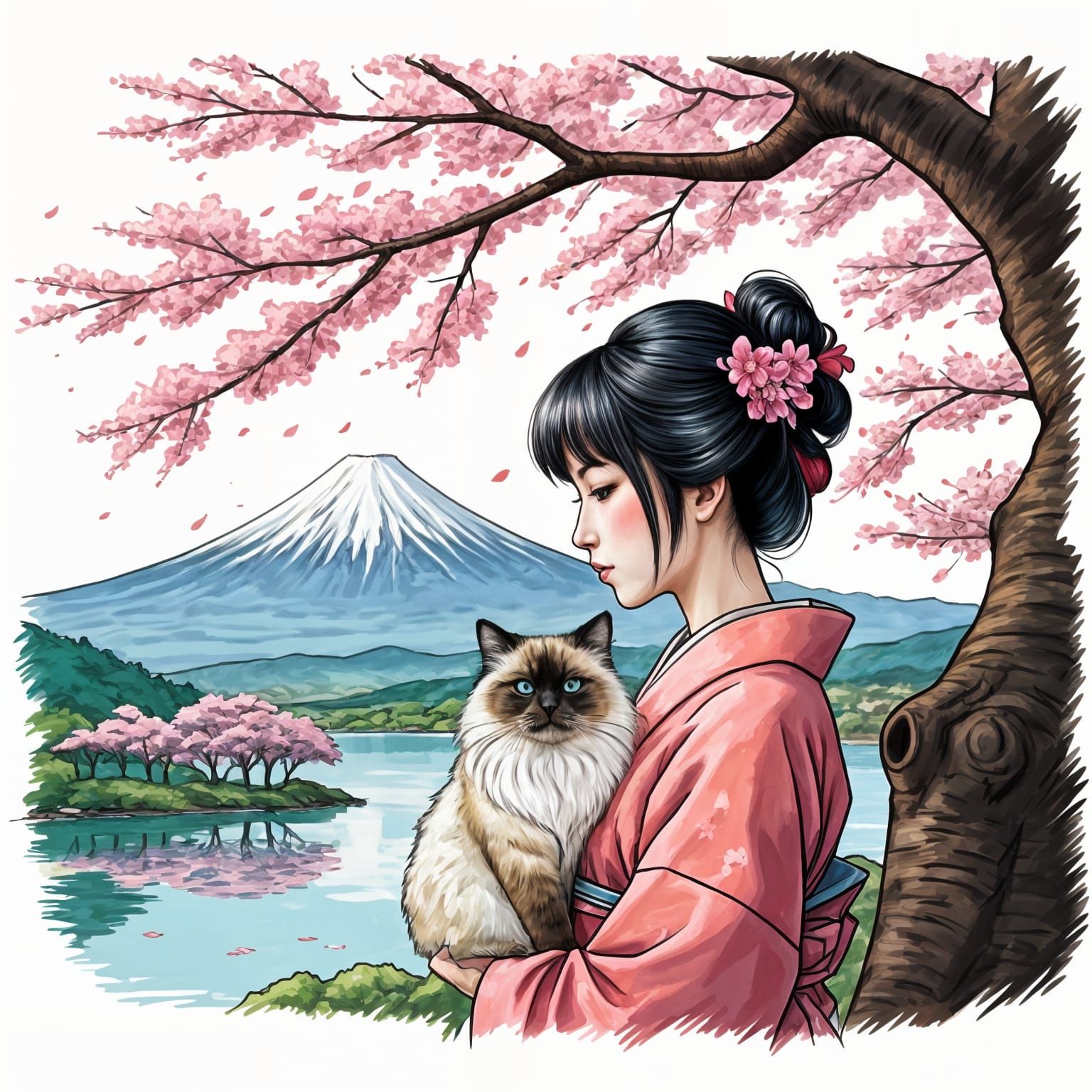 Japanese Woman with Cat and Cherry Blossoms Sketch
