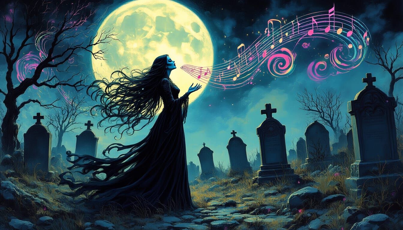 Necromancer Sings Dead to Life in Moonlit Graveyard
