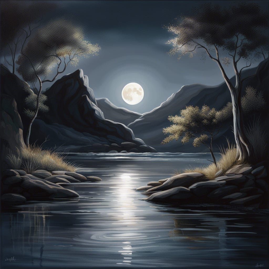 Moonlit Landscape in Silver Glow: Hyperrealistic Splash Art