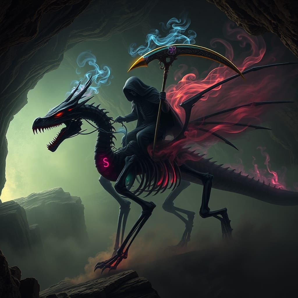 Grim Reaper Rides Dragon of Metallic Smoke