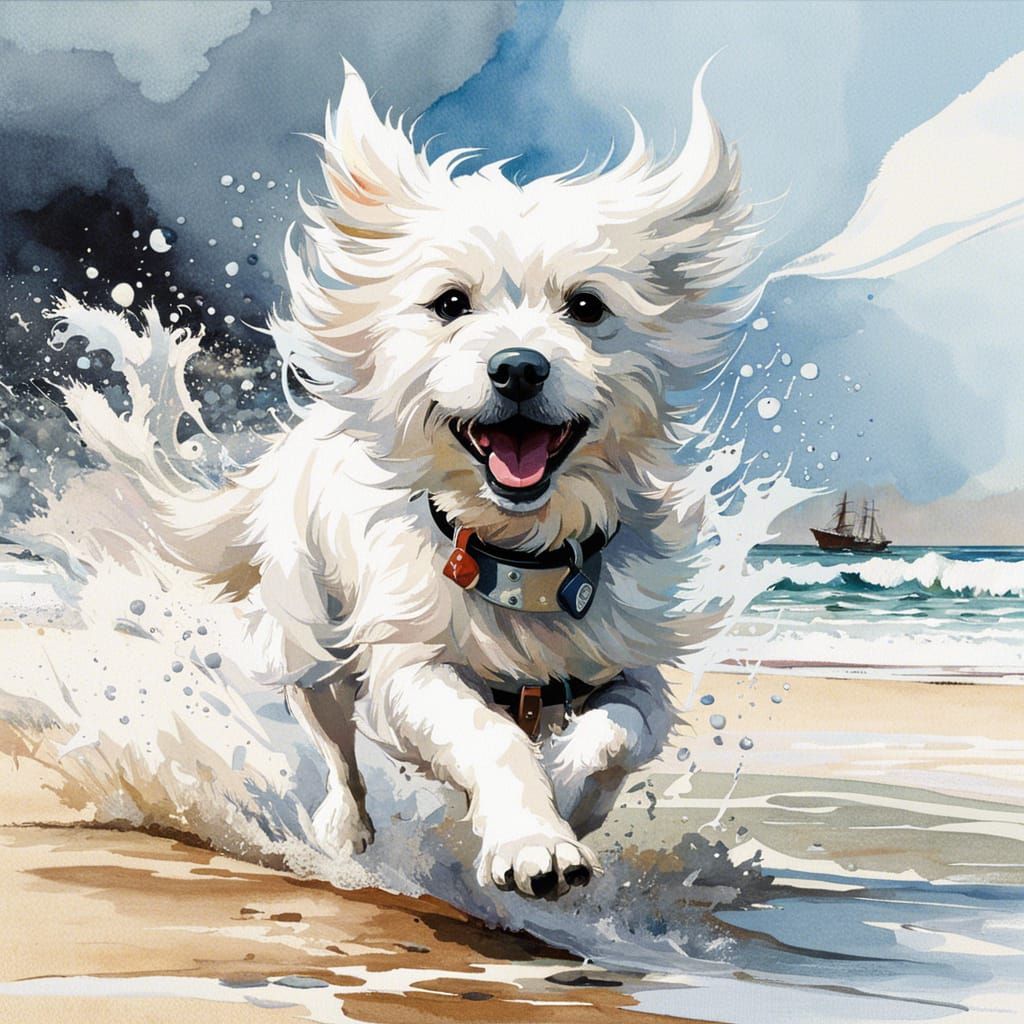 Joyful Dog Running on Beach in Watercolor Style