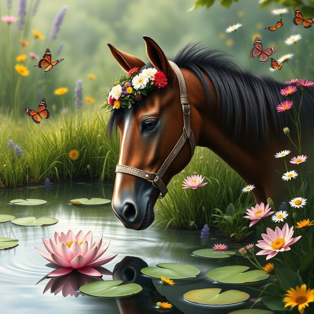 Baby Horse with Floral Crown at Pond