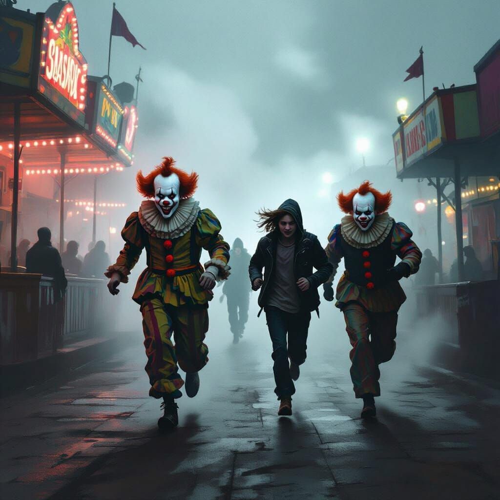 Teens Flee Menacing Clowns in Foggy Carnival