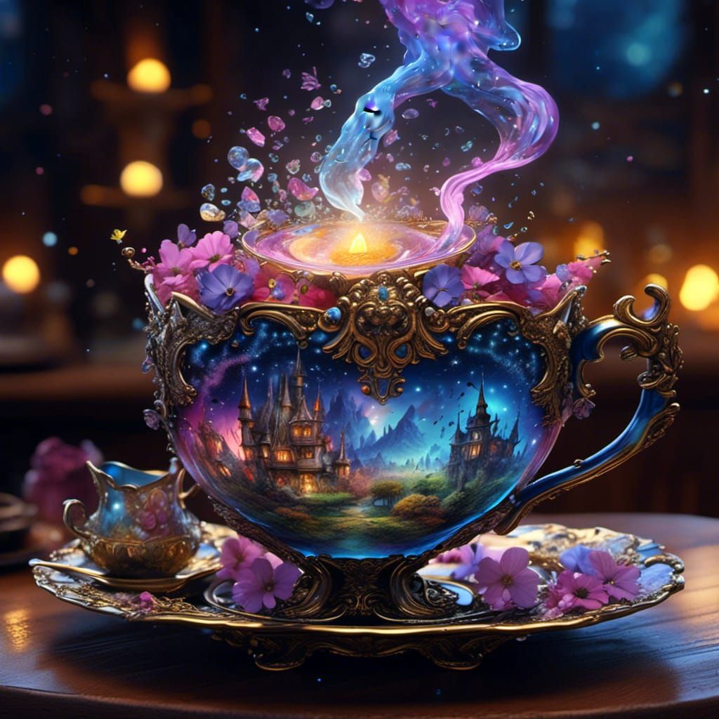 Crystalline Teacup with Steamy Tea in Fantasy Setting