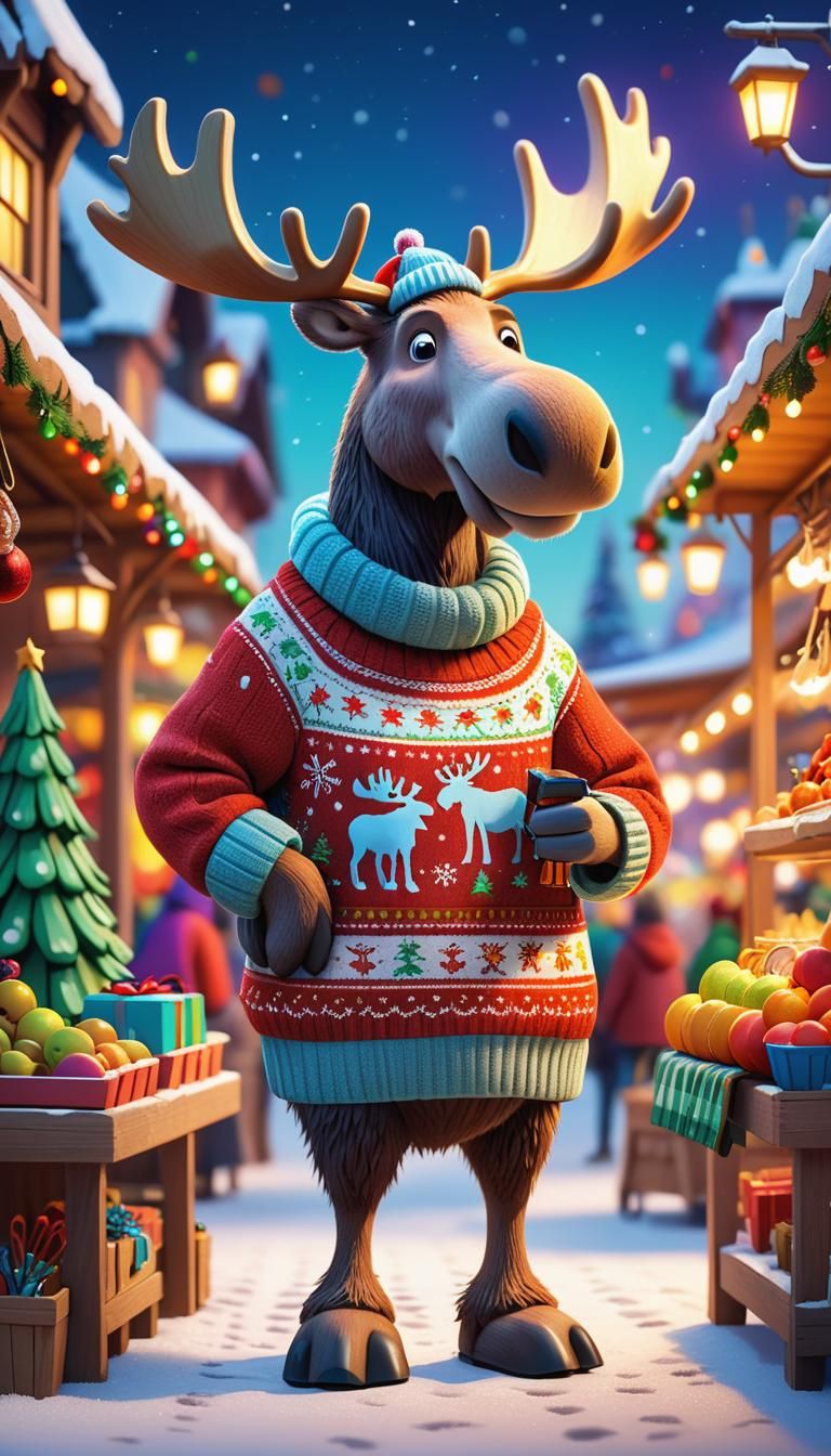 Christmas Moose Shops at Winter Market: 3D Digital Art