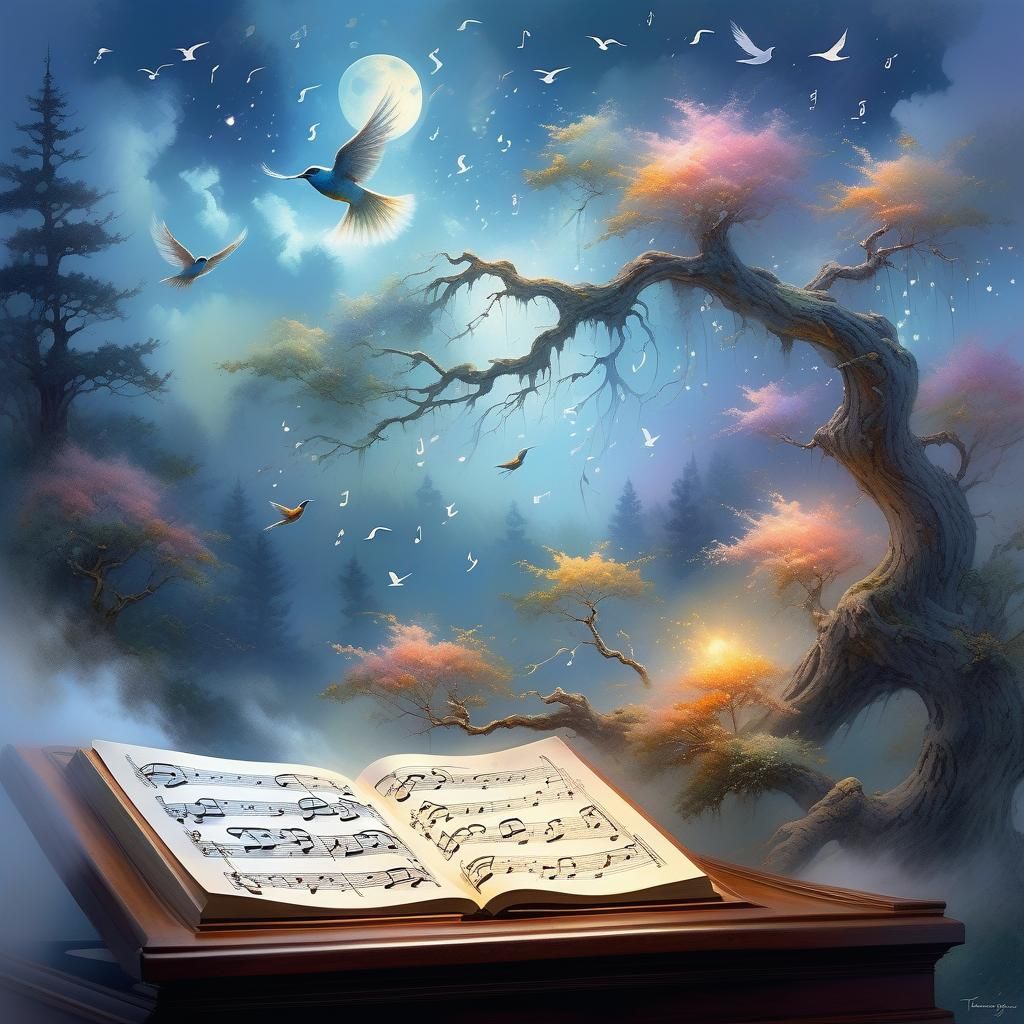 Musical Birds Soaring in Misty Watercolor Landscape