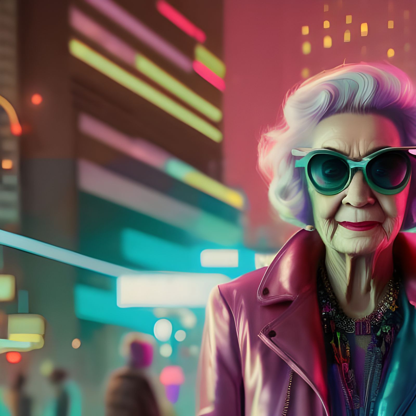 Cyberpunk Granny Celebrates in Neon Metropolis
