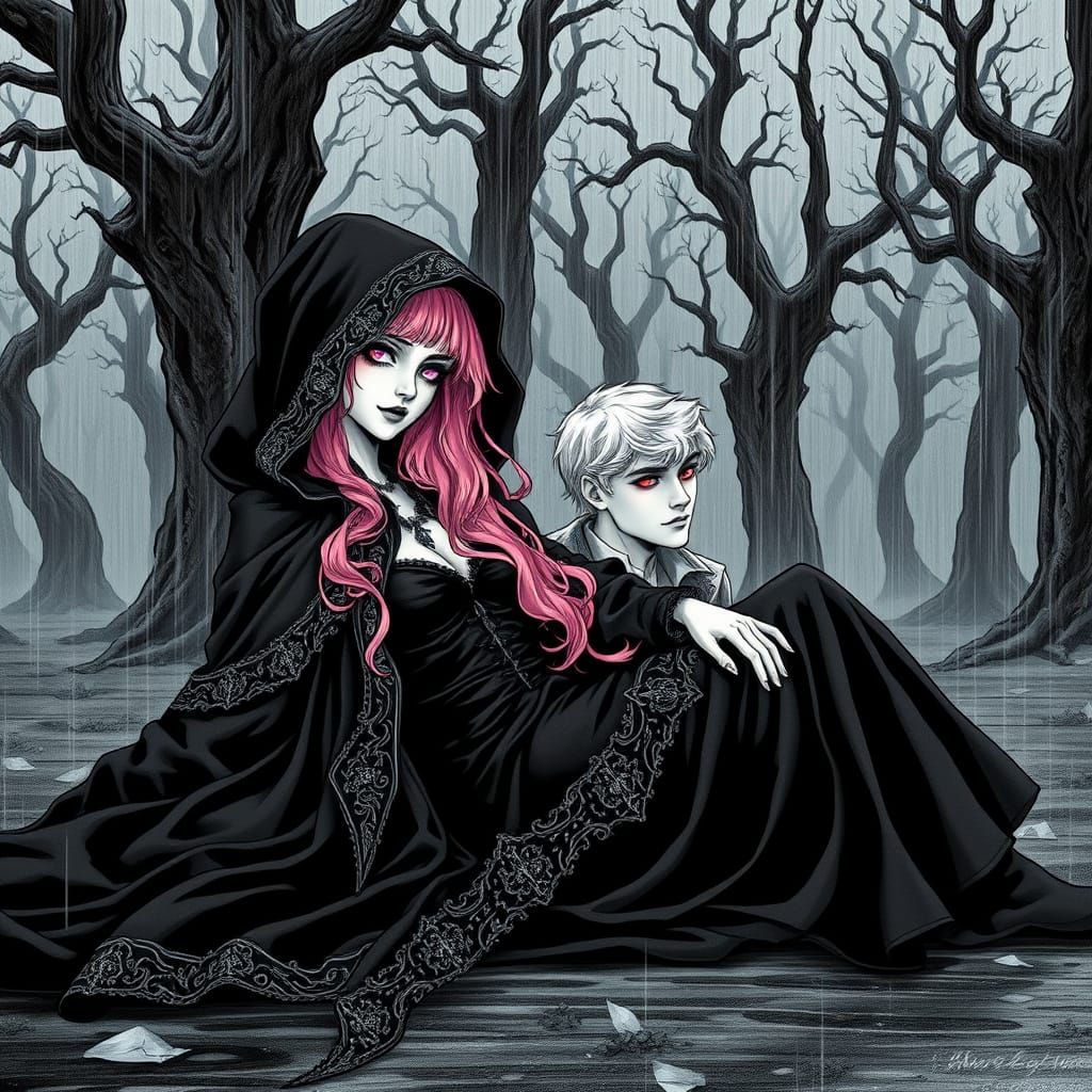 Reaper in Black and White Ink Art Nouveau Style