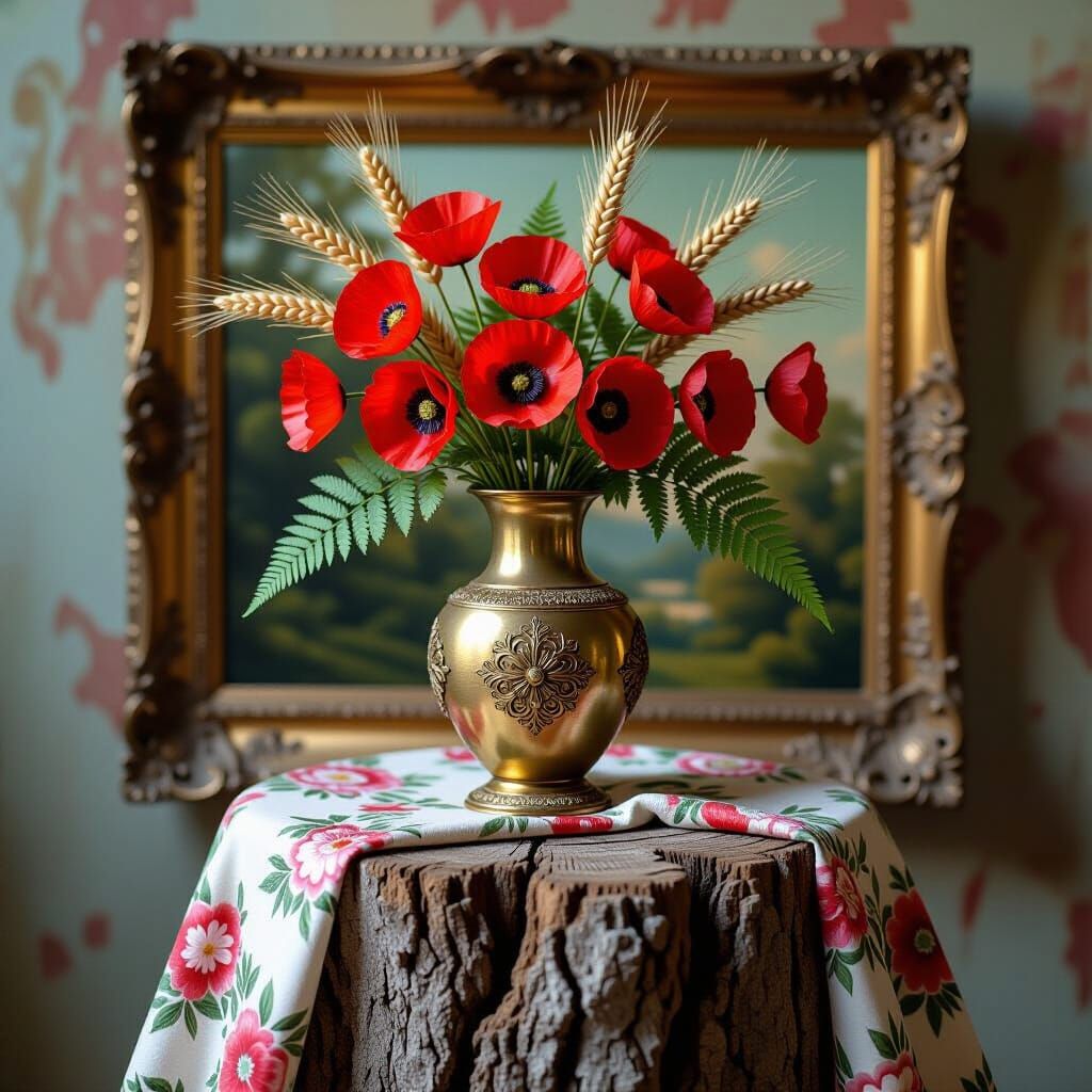 Brass Vase with Poppies and Fern in Hyperrealistic Style