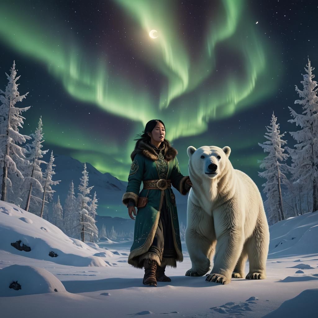 Inuit Woman and Polar Bear Under Aurora