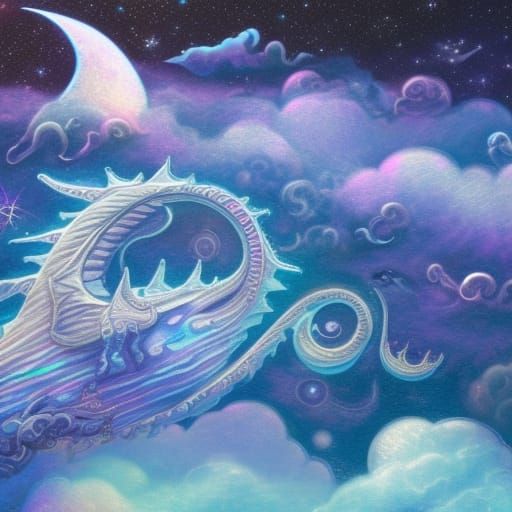 Moon City with Whales and Dragons in Astral Illustration