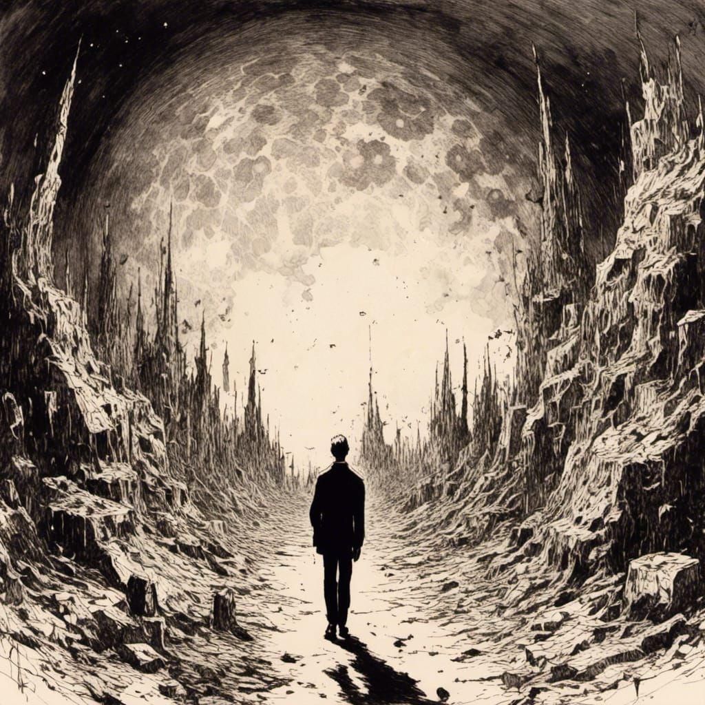 Lonely Man in Space: Pen and Ink Illustration