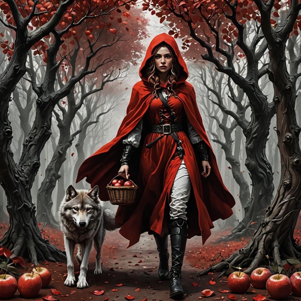 Hyperrealistic Red Riding Hood in Mystical Orchard