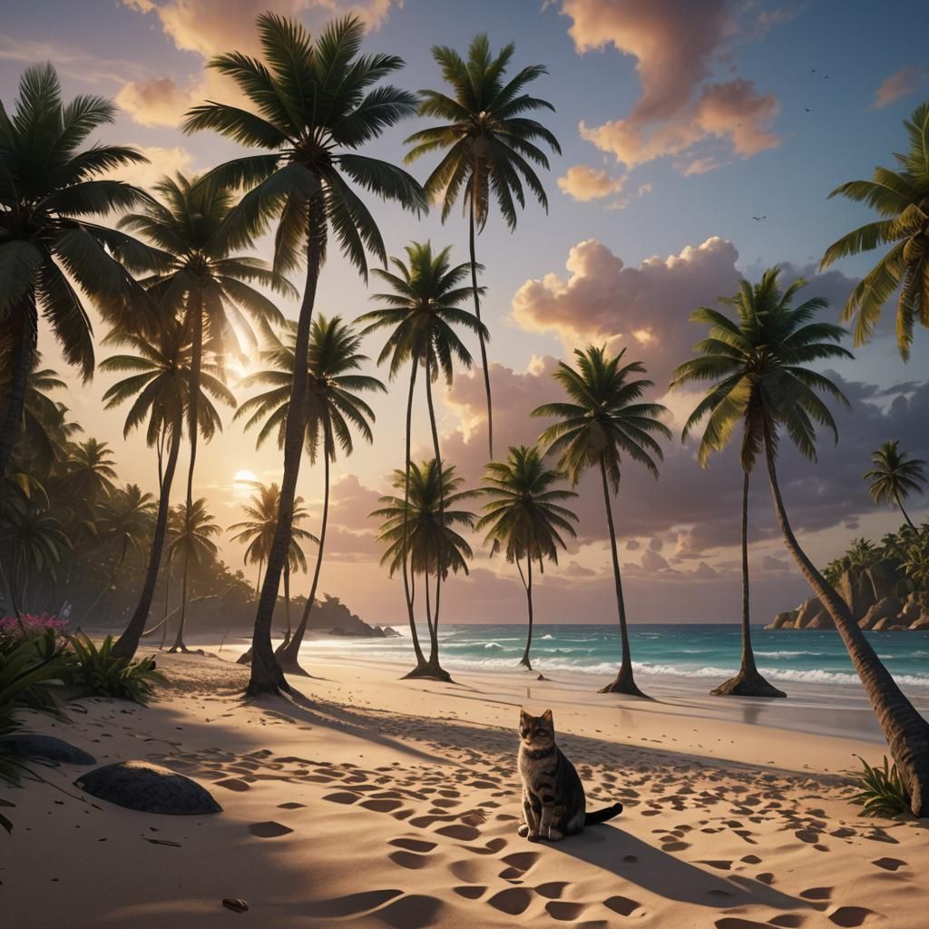 Tropical Beach Sunset with Cat in Detailed Matte Painting
