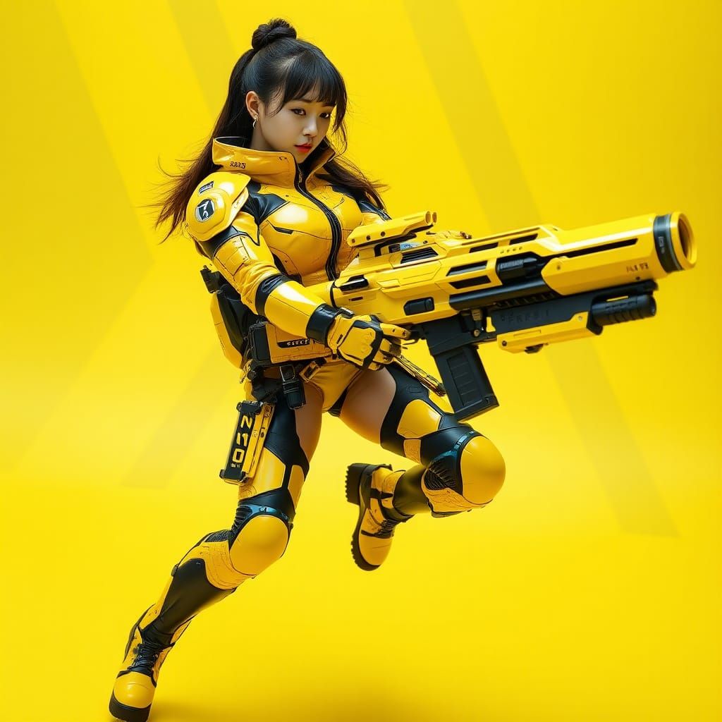 Korean Woman in Cyberpunk Armor with Weapon