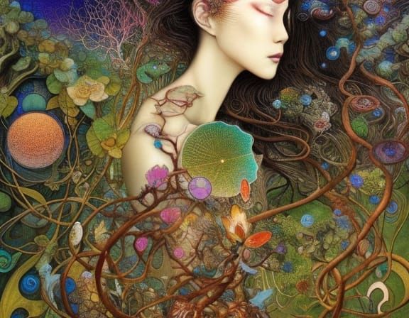 Sunset Wizard Woman in Vines Network, Collage Art