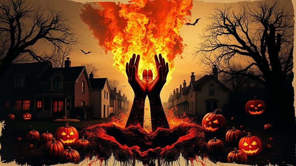 Halloween Crack in Village: Double Exposure Ink Art