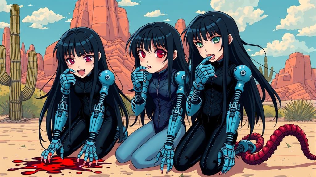 Vampire Androids in Desert, Retro Anime Style