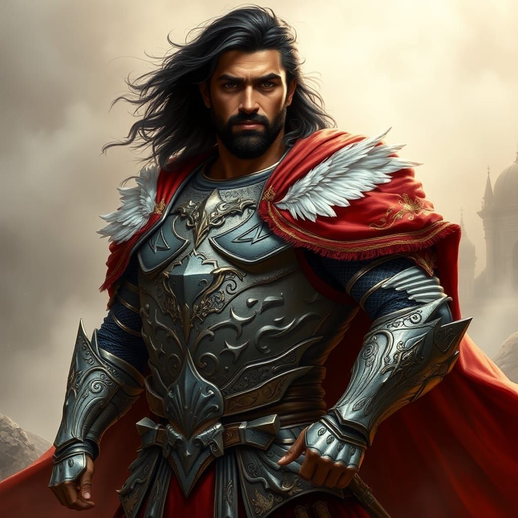 Heroic Knight in Ornate Armor and Misty Realm