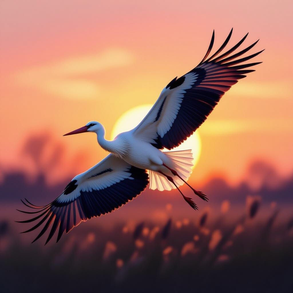 Majestic Stork in Flight During Golden Hour