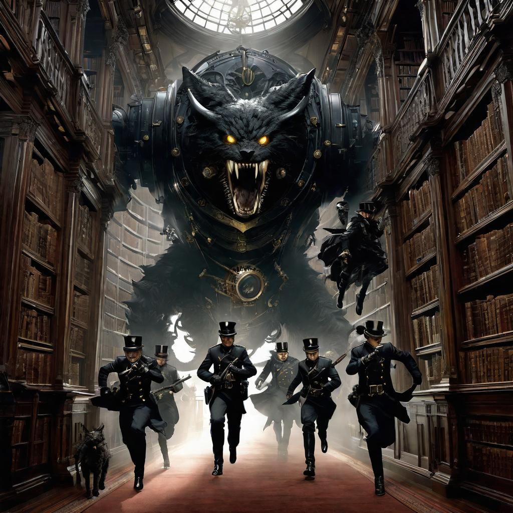 Steampunk Policemen Fleeing Monster in Library