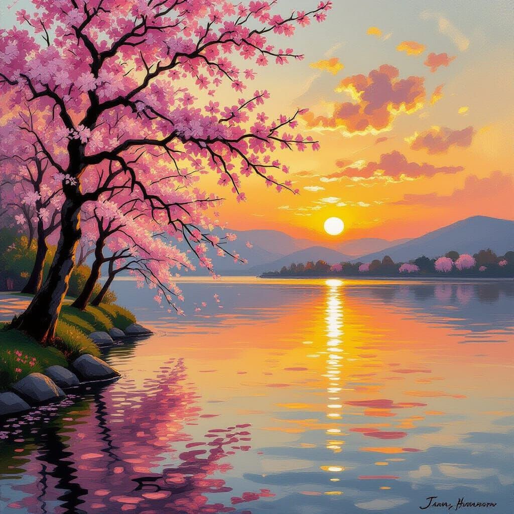 Tranquil Sunset Over Lake with Blooming Cherry Blossoms