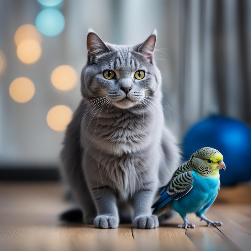 Gray Cat and Blue Budgie, Professional Photography