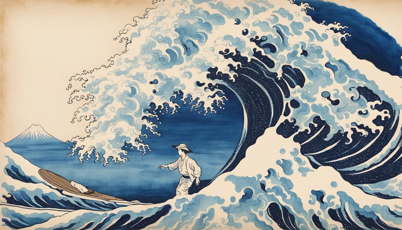 Vintage Surfer Under Wave off Kanagawa: Ink Drawing