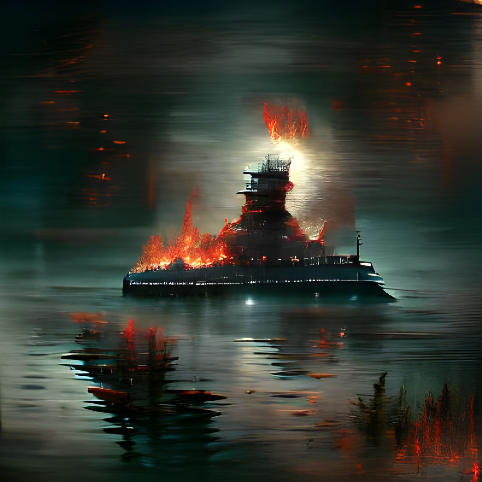Sinister Battleship Exploding at Night