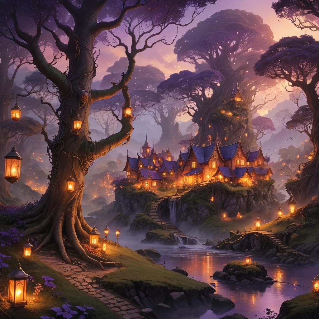 Enchanting Elf Town at Dusk: Fantasy Art Nouveau
